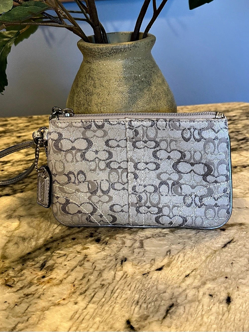 Coach Metallic Silver Signature C Wristlet Pouch Purple Lining